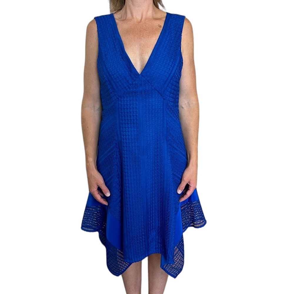 10 Crosby Derek Lam Silk Blend Crochet Overlay Asymmetrical Hem Dress Bl…‎